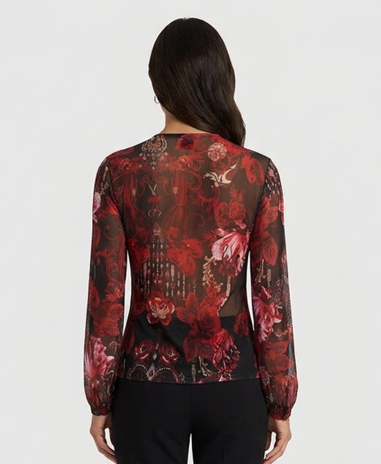 
Rose Print Mesh Blouse w/ Ruffles in RED view 2