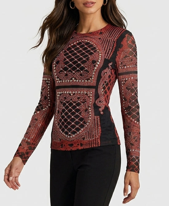 
Art Deco Print Mesh Top w/ Studs in RED/BLACK view 1