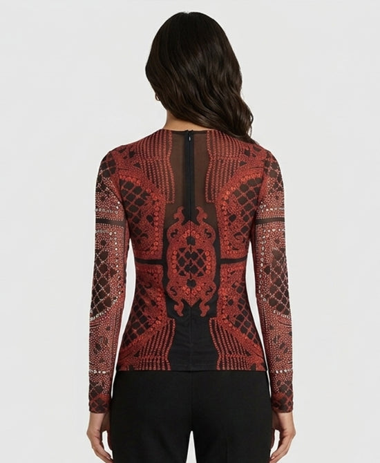 
Art Deco Print Mesh Top w/ Studs in RED/BLACK view 2