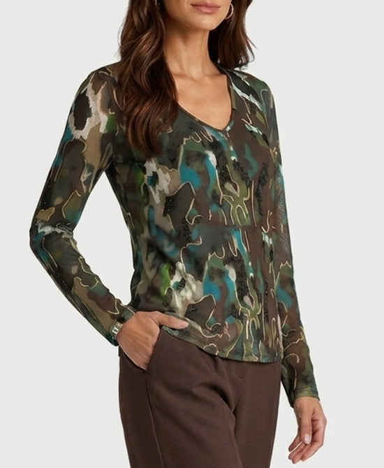 
Animal Print Mesh Blouse w/ Crystals in GREEN MULTI view 1