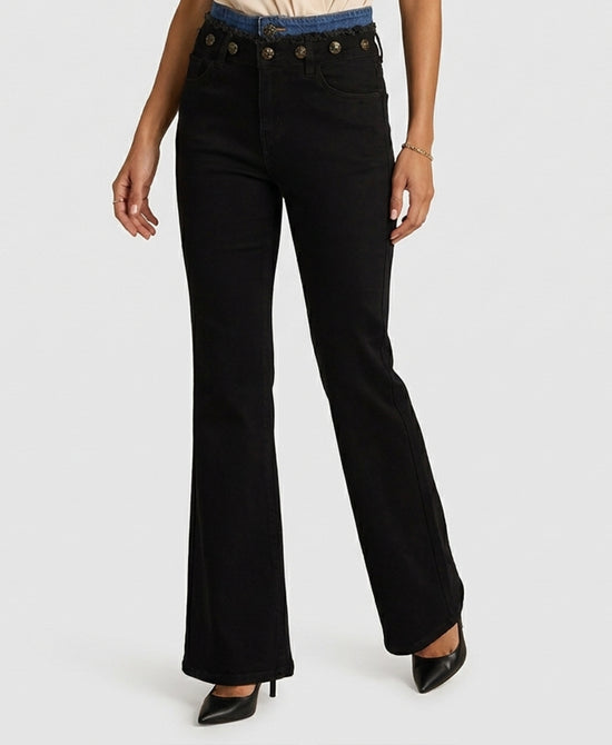 
Double Waist Band Jeans w/ Jeweled Buttons in BLACK view 1