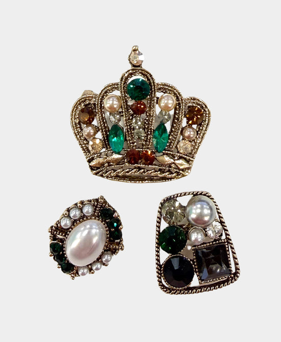 
Set Of 3 Crown Crystal Brooches in GREEN/GOLD view 1