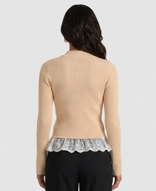 
Knit Ribbed Cardigan w/ Lace Trim in BEIGE/IVORY view 2