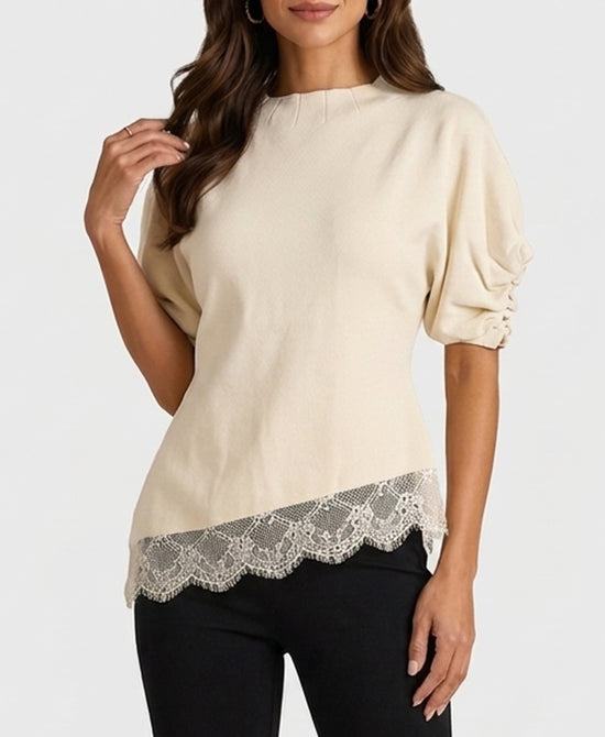 
Asymmetrical Knit Top w/ Lace Trim in IVORY view 1
