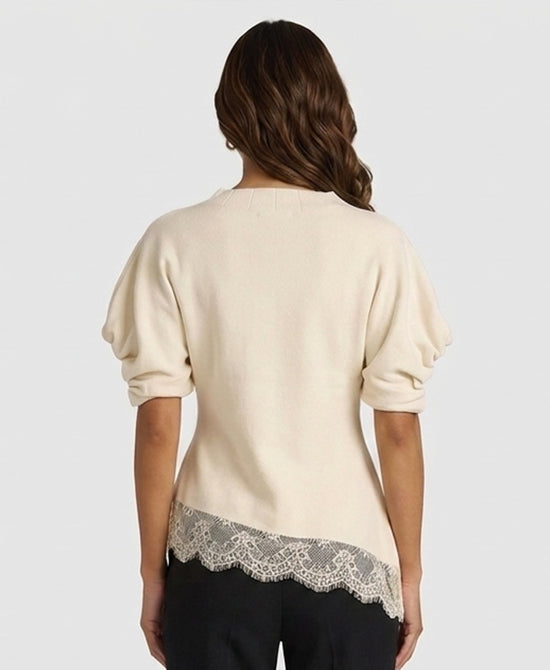 
Asymmetrical Knit Top w/ Lace Trim in IVORY view 2