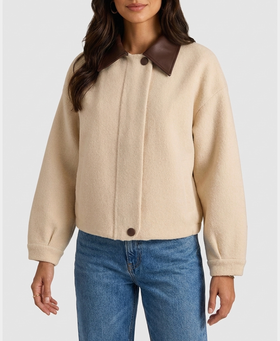 
Sweater Jacket w/ Faux Leather Collar in CREAM/BROWN view 1
