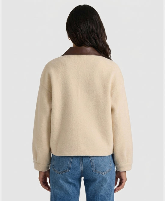 
Sweater Jacket w/ Faux Leather Collar in CREAM/BROWN view 2