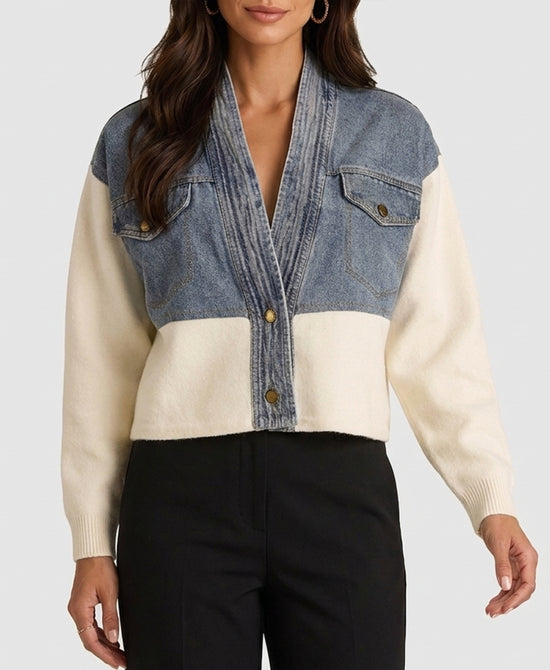 
Sweater Jacket w/ Denim in IVORY/DENIM view 1