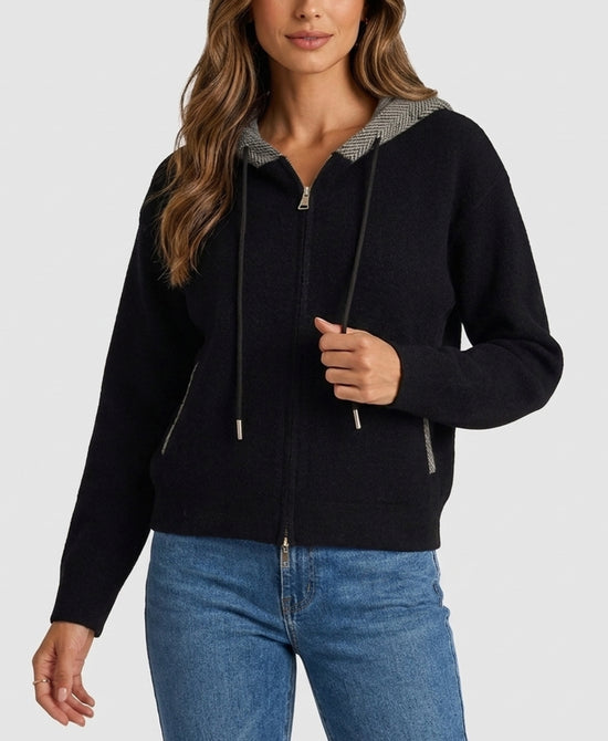 
Sweater Jacket w/ Herringbone Hood in BLACK view 1