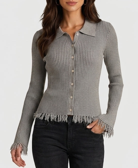 
Knit Ribbed Top w/ Fringe in GREY view 1