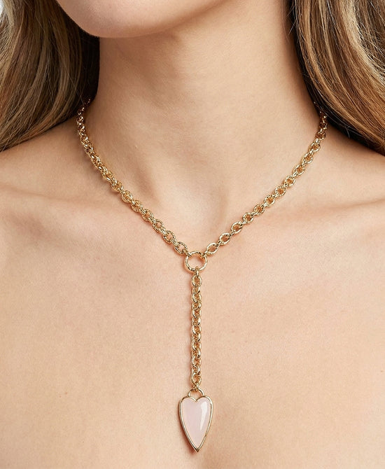 
"Y" Chain Necklace w/ Heart Stone in GOLD/LIGHT PINK view 1
