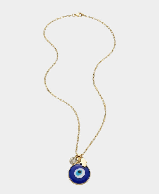 
Evil Eye Pendant Necklace w/ Hamsa Charm in BLUE/GOLD view 2