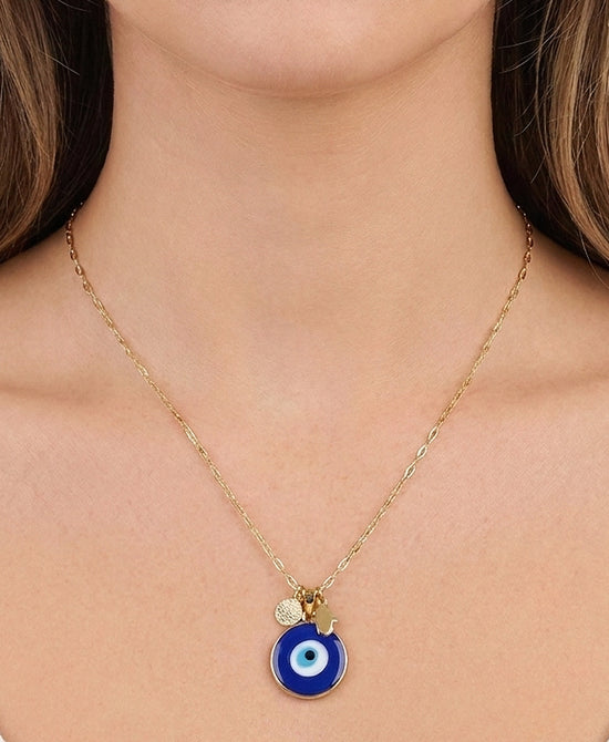 
Evil Eye Pendant Necklace w/ Hamsa Charm in BLUE/GOLD view 1
