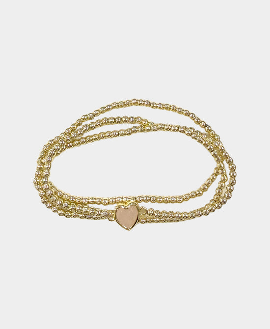 
Set Of 3 Beaded Elastic Bracelets w/ Heart Stone in GOLD/LIGHT PINK view 2