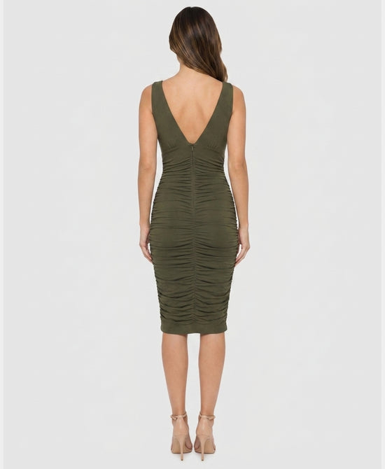 
Ruched Mesh Midi Dress in OLIVE view 2