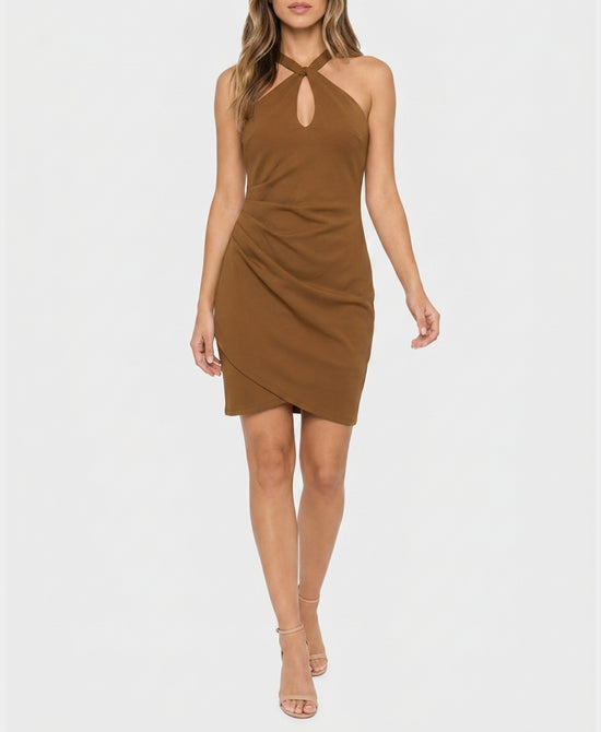 
Keyhole Side Ruched Dress in TAN view 1