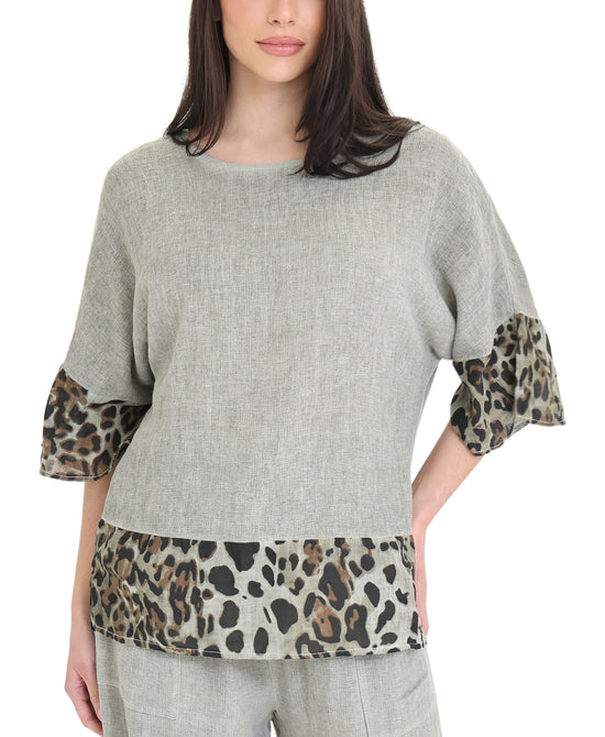 
Leopard Print Linen Top in KHAKI view 1