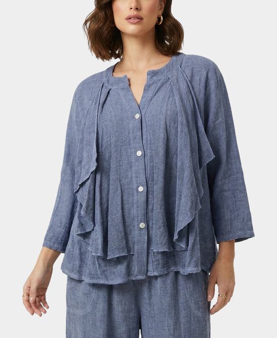 
Linen & Cotton Washed Top w/ Ruffles in BLUE view 1