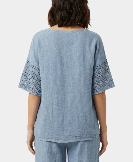 
Linen & Cotton Washed Top w/ Crochet Trim in BLUE view 2