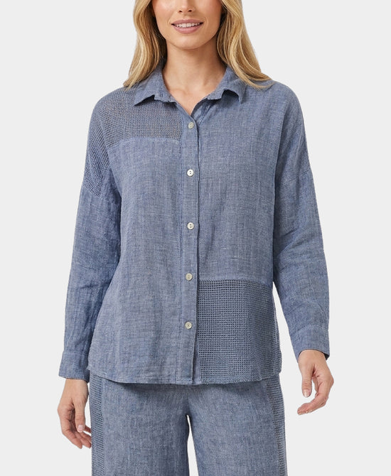 
Linen & Cotton Washed Top w/ Mesh Detail in BLUE view 1