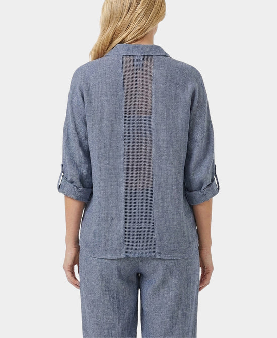 
Linen & Cotton Washed Top w/ Mesh Detail in BLUE view 2