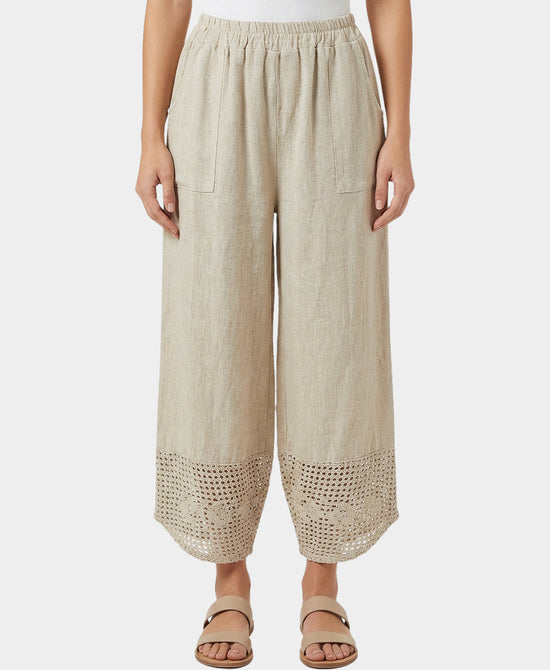 
Linen & Cotton Pants w/Crochet Trim in BEIGE view 1
