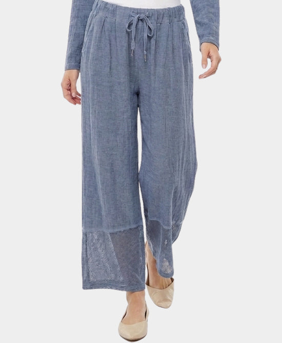 
Linen & Cotton Pants w/ Mesh Hem in BLUE view 1