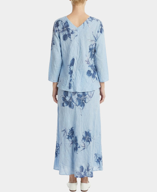 
Floral Print Linen Top & Skirt Set- 2 Pc Set in SKY BLUE view 2