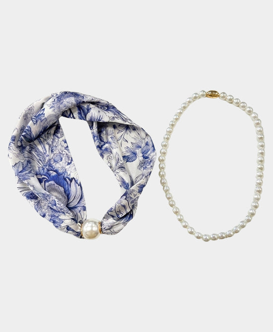 
Set Of 2 Printed Scarf & Pearl Beaded Necklace in BLUE/WHITE view 2