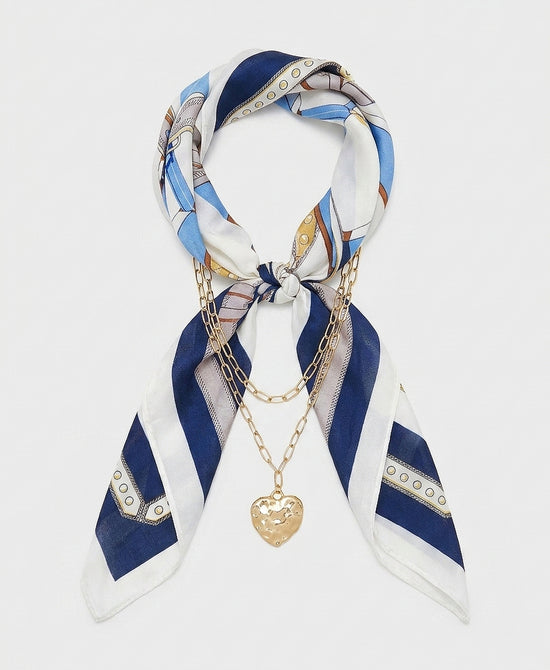 
Printed Scarf w/ Layered Chain Heart Pendant Necklace in BLUE/GOLD view 2
