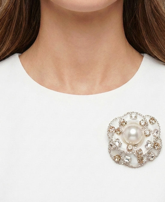 
Rose Pearl Brooch/Hairclip w/ Crystals in WHITE view 1