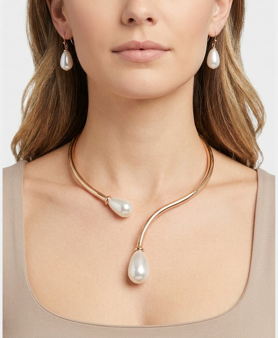 
Collar Statement Necklace & Earrings Set w/ Pearls in GOLD view 1