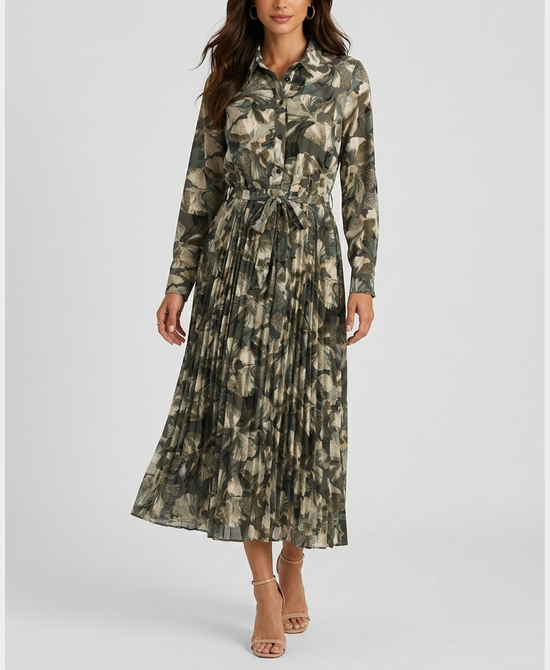 
Printed Midi Dress w/ Pleated Bottom in GREEN MULTI view 1