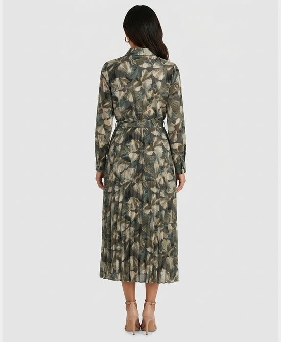 
Printed Midi Dress w/ Pleated Bottom in GREEN MULTI view 2
