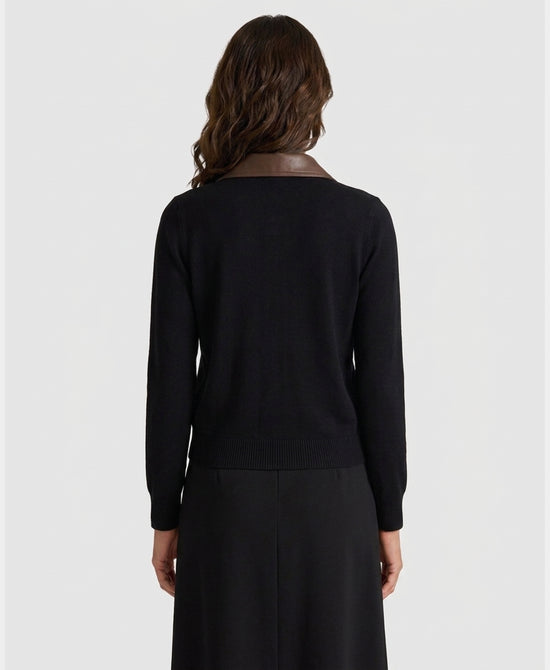 
Cardigan w/ Faux Leather Trim in BLACK/BROWN view 2