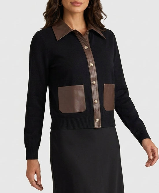 
Cardigan w/ Faux Leather Trim in BLACK/BROWN view 1