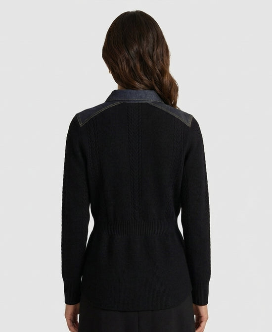
Cardigan w/ Denim Trim in BLACK view 2