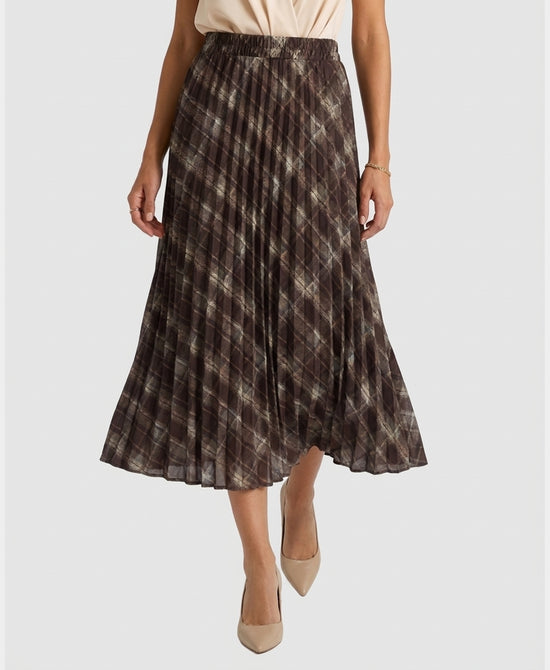 
Plaid Pleated Midi Skirt in BROWN MULTI view 1