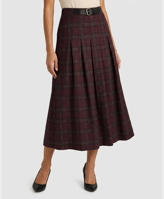 
Plaid Midi Skirt in BURGUNDY MULTI view 1
