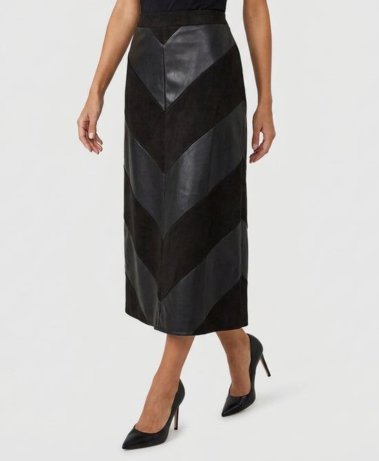 
Midi Skirt w/ Faux Leather Trim in BLACK view 1