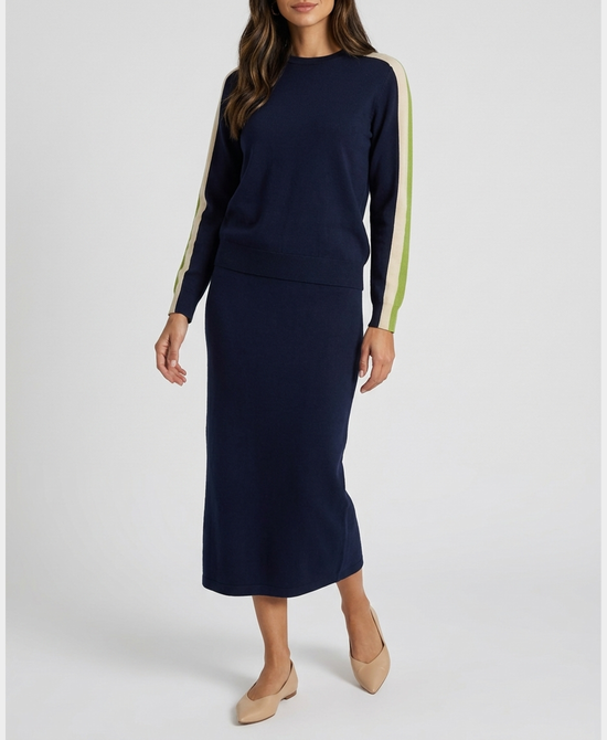 
Sweater w/ Stripe Sides & Maxi Skirt - 2 Pc Set in NAVY/GREEN/IVORY view 1