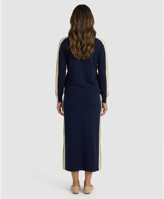 
Sweater w/ Stripe Sides & Maxi Skirt - 2 Pc Set in NAVY/GREEN/IVORY view 2