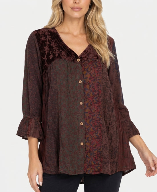 
Velvet & Printed Trim Top in WINE view 1