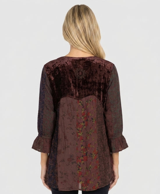 
Velvet & Printed Trim Top in WINE view 2
