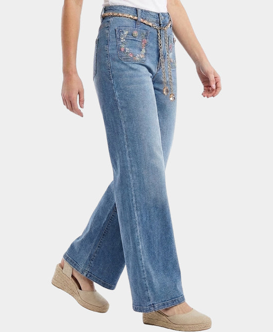 
Jeans w/ Floral Embroidered Pockets & Chain Belt in MEDIUM BLUE WASH DENIM view 1