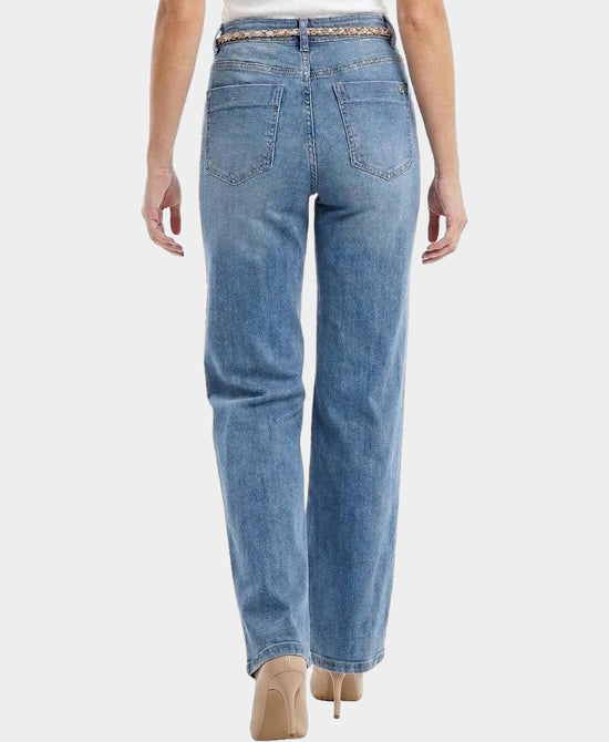 
Jeans w/ Floral Embroidered Pockets & Chain Belt in MEDIUM BLUE WASH DENIM view 2