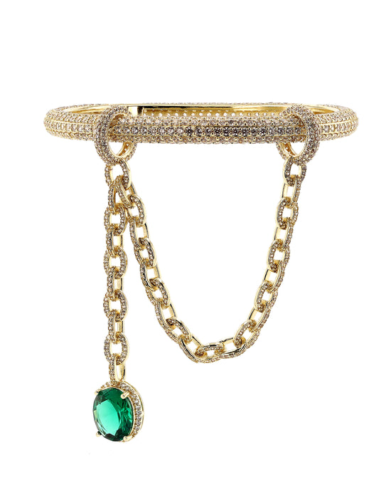 
Micro Pave CZ Bangle Bracelet w/ Emerald Green CZ in GOLD/GREEN view 1